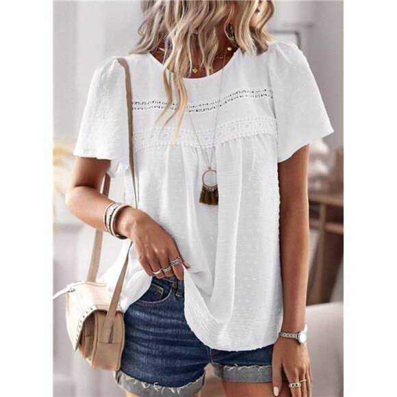 Womens Summer Tops Crewneck Short Sleeve Shirts Casual Chiffon Blouses Flowy - Picture 2 of 5